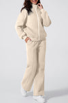 Beige Women's Activewear Set: Stylish Drop Shoulder Zip-Up Jacket & Drawstring Pants for Comfort and Performance