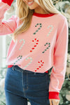 Women's Cozy Gossamer Pink Color Block Sweater with Candy Cane Embroidery - Stylish Round Neck Design for a Chic Look