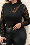 Trendy Women's Plus Size Black Sheer Long Sleeve Top with Lace Details and Asymmetric Cut for Effortless Style