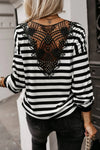 Women's Black and White Stripe Crochet V-Neck Top with Hollow-Out Back and Buttoned Shoulders for a Stylish Look