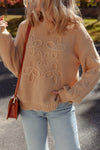 Cozy Women's Camel Crochet Cable Knit Sweater with Drop Sleeves - Stylish Floral Design for Fall and Winter Fashion