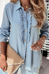 Women's Beau Blue Ruffled Denim Shirt - Casual Button-Up with Feminine Touches for Effortless Style