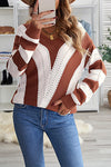 Women's Brown Striped Colorblock V-Neck Knit Sweater - Cozy Casual Fit for Fall & Winter Fashion