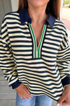 Chic Women's Navy Blue Striped Long Sleeve Top with Contrast Collar & Zip V-Neck - Casual Everyday Style