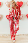 Stylish Women's Cozy Fiery Red Christmas Plaid Pajama Set - Comfy Holiday Shirt and Pants for Festive Relaxation