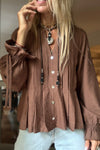 Chic Women's Coffee Ruffled Sleeve Blouse with Pintuck Detail and Button Front for Effortless Style and Comfort