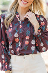 Chic Women's Brown Floral Long Sleeve Shirt with Frilled Trim and Trendy Collar for Effortless Style