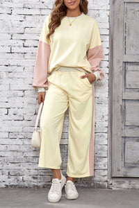 
Women's Apricot Color Block 2-Piece Loose Fit Pullover & Pants Set for Casual Comfort & Chic Everyday Style