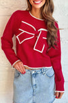 Women's Fiery Red Cropped Sweater with Bow Accent and Contrast Trim for Holiday Style and Festive Comfort