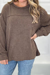 Stylish Women's Dark Brown Ribbed Long Sleeve Top with Exposed Seams - Comfy Everyday Essential for Effortless Chic