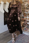 Chic Brown Velvet Midi Dress for Women with Floral Embroidery & Smocked Sleeves – Ideal for Weddings and Special Events