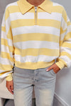 Effortless Casual Women's Yellow Striped Zipped Sweater with Drop Shoulders for Ultimate Comfort and Style