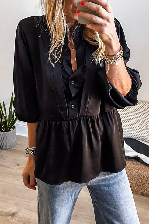 Black Satin Half Button Lace Insert Neckline 3/4 Sleeve Peplum Blouse