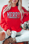 Festive Women's Fiery Red Christmas Sweatshirt with Plaid Detail, Embroidered Letters, and Sequin Bow – Holiday Chic