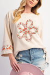Women’s Beige Floral Graphic Blouse with Exposed Seams and Wide Sleeves - Perfect for Casual Chic Style