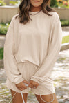 Chic Women's Parchment Corded Knit Long Sleeve Top & High-Waisted Shorts Set - Cozy Loungewear for Effortless Style