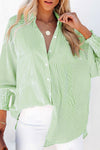 Women's Casual Chic Grass Green Striped Button-Up Shirt with Loose Fit and Shirred Cuffs for Effortless Style