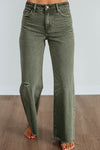 Stylish Women's Slightly Distressed Wide Leg Jeans in Four Leaf Clover Green with Raw Edge Detail for Trendy Looks