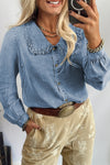 Chic Women's Beau Blue Ruffled Denim Shirt with Peter Pan Collar - Stylish Western Fit for Effortless Casual Outings