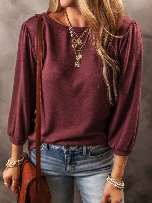 Crimson Dahlia Elegant 3/4 Sleeve Crew Neck Blouse