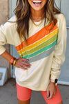 Women's Cozy Apricot Rainbow Colorblock Striped Pullover Sweatshirt - Casual Fit for Effortless Everyday Style