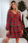 Chic Red Plaid Mini Dress for Women with Tiered Design, Ricrac Trim, and Trendy Bubble Sleeves