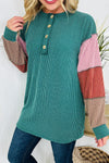 Women's Lapis Twisted Ribbed Color Block Long Sleeve Henley Top with Exposed Seams - Trendy Casual Style