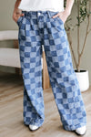 Dusk Blue Checkered Wide Leg Denim Jeans for Women - Stylish, Comfortable Fit for Casual and Chic Looks