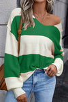 Trendy Women's Green Stripe Color Block Sweater with Drop Shoulders & Bubble Sleeves for Effortless Relaxed Style