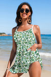 Women's Green Floral Spaghetti Strap Swim Dress with Ricrac Trim - Chic One-Piece Beachwear for Summer Adventures