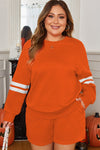Trendy Plus Size Women's Orange Varsity Striped Pullover and Short Set with Drawstring Waist for Ultimate Comfort