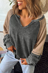 Trendy Women's Dark Grey Color Block Sweatshirt with Exposed Seams - Loose Fit, Casual Mineral Wash Style