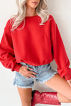 Chic Women's Fiery Red Cropped Sweatshirt with Drop Shoulders & Elastic Hem for Effortless Casual Style