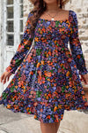 Elegant Plus Size Women's Black Floral Long Sleeve Flared Dress with Square Neck - Perfect for Special Occasions