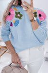 Cozy Women's Light Blue Ribbed Floral Sweater - Stylish Knit Top for Every Season, Perfect for Casual Outings