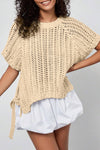 Plus Size Women's Apricot Open Knit Sweater with Bow Tie, Short Sleeves for Effortless Chic Style
