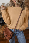 Stylish Women's Pale Khaki Round Neck Sweatshirt with Patchwork Sleeves - Comfortable Casual Top for Everyday Style