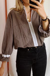 Trendy Women's Brown Plaid Blouse with Lace Collar and Ruffled Sleeves - Chic and Stylish Casual Top