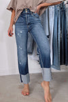 Trendy Women's Blue High-Waisted Distressed Straight Leg Jeans for Effortless Style and All-Day Comfort