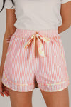 Women's Light Pink Striped Casual Summer Shorts with Floral Trim & Ribbon Knot Detail for Effortless Style