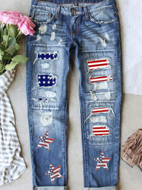 Starry Sky Distressed Sequin American Flag Jeans