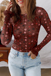Chic Women's Slim Fit Red Floral Mesh Bodysuit with Smocked Cuffs - Perfect for Stylish Occasions and Everyday Wear