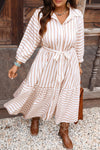 Plus Size Pink Striped Puff Sleeve Maxi Dress with Belt - Women's Elegant Long Dress for Effortless Style and Comfort