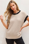 Women's Light Beige Batwing Sleeve Sweater Top - Chic Round Neck Knit Pullover with Contrast Trim for Effortless Style