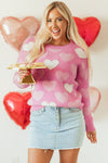 Cozy Women's Pink Heart Print Sweater with Pearl Accents - Stylish Valentine's Day Crew Neck for Effortless Charm