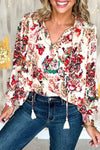 Chic Women's Red Floral Long Sleeve Blouse with Tassel Tie & Smocked Details for Bohemian Style Fashion