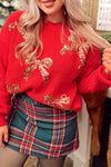 Chic Fiery Red Sequin Sweater for Women with Bow Detail and Drop Shoulder – Ideal for Holiday Parties and Celebrations