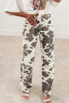 Trendy Women's High-Waisted Brown Cow Print Jeans with Multi-Pockets for Casual Chic Style and Comfort
