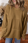 Women's Cozy French Beige Patchwork Sweatshirt - Casual Drop Shoulder Design for Everyday Comfort and Style