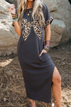 Women's Stylish Dark Grey Leopard Print Maxi Dress with Bow Accent - Comfortable Short Sleeve Summer Fashion